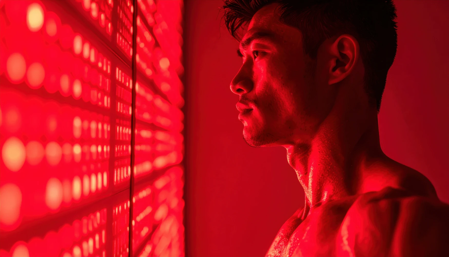 Man training under red light therapy panel.