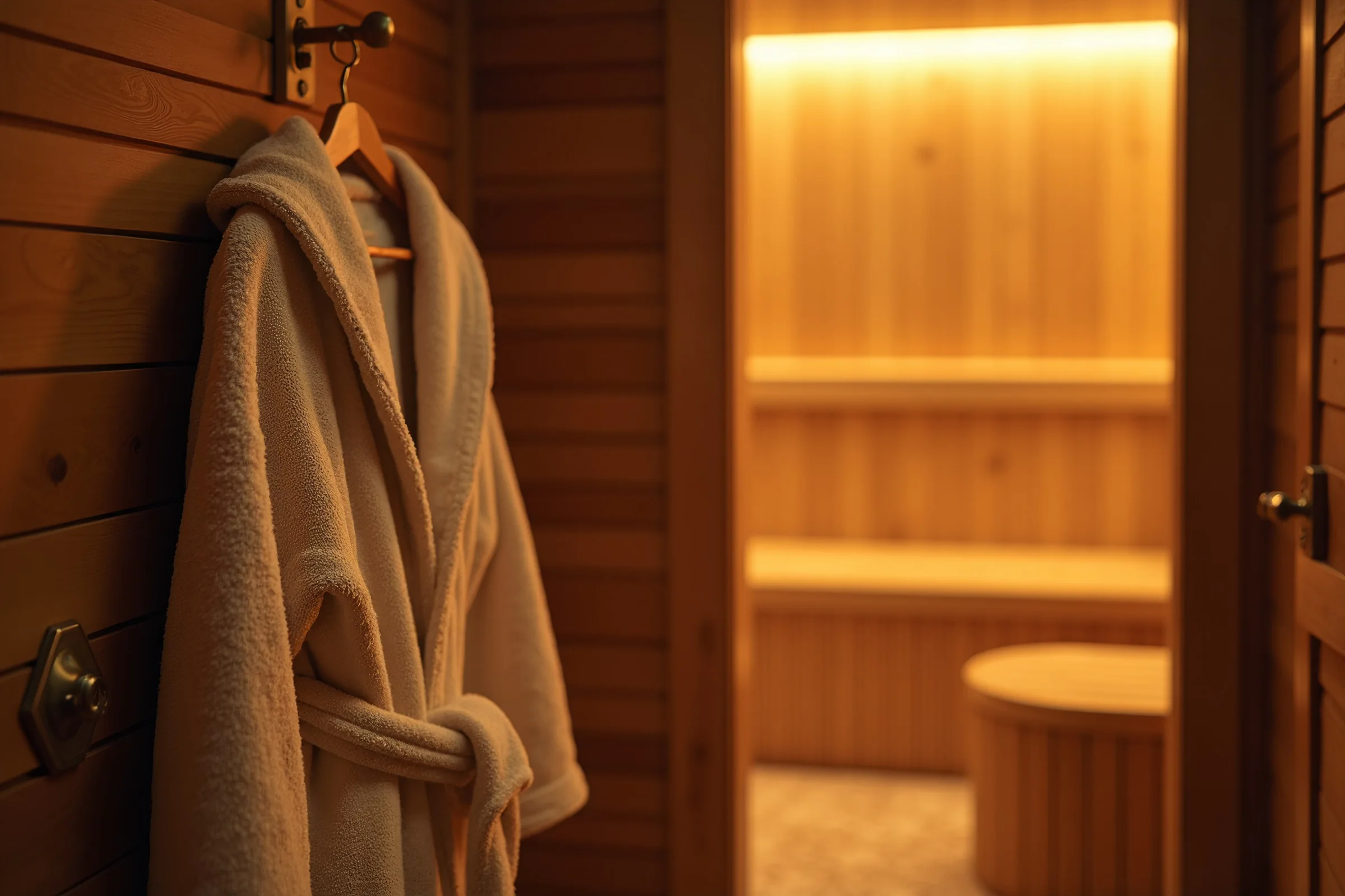 Infrared sauna interior with robe hanging on door.