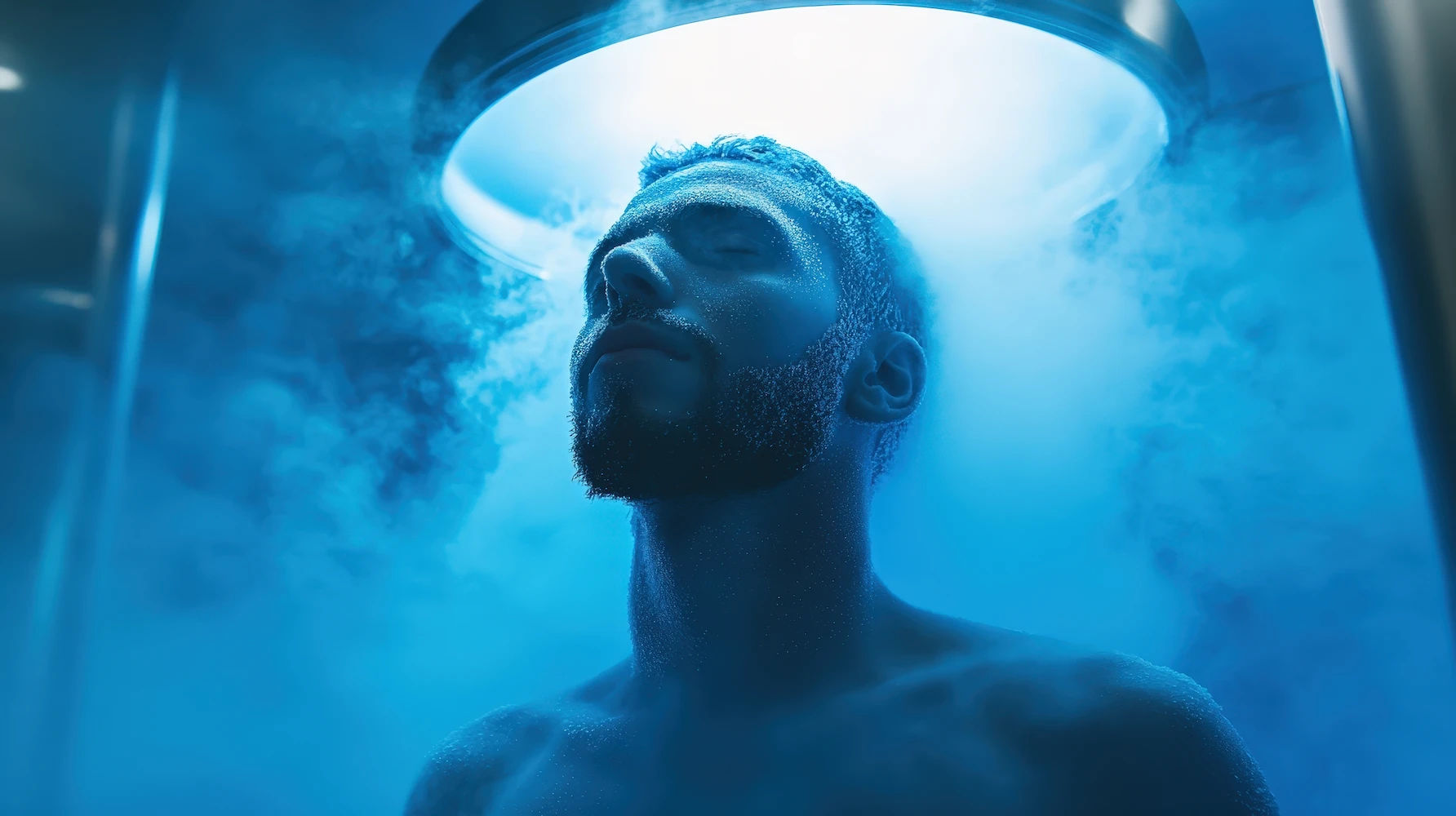 Man standing in cryotherapy chamber surrounded by cold mist.